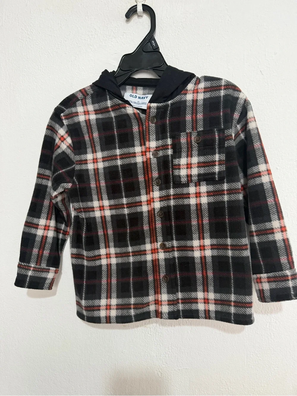 Old Navy Black White Fleece Plaid Button-Front Hooded Shirt